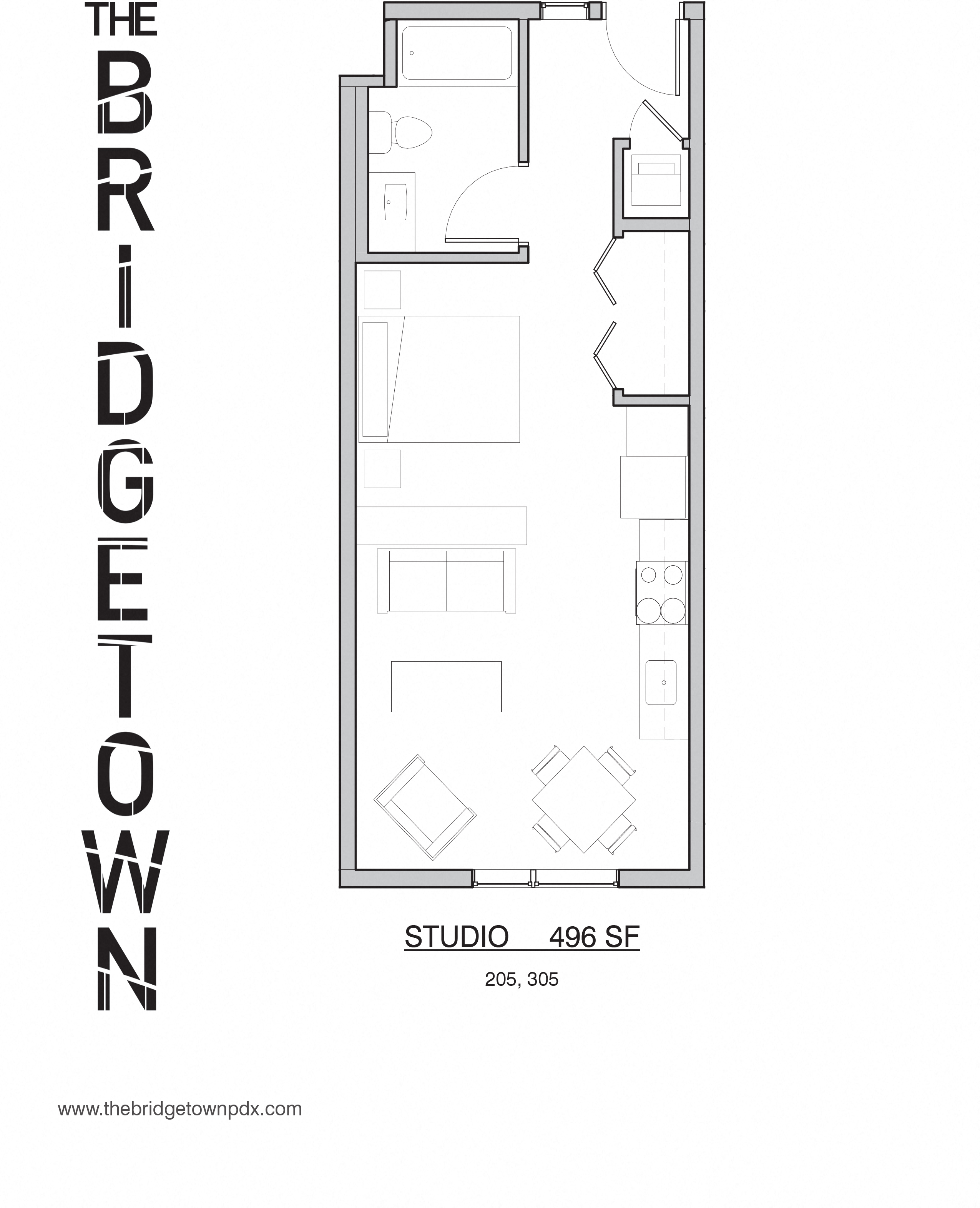 Floor plan for studio, 1 bath, 496 sqft